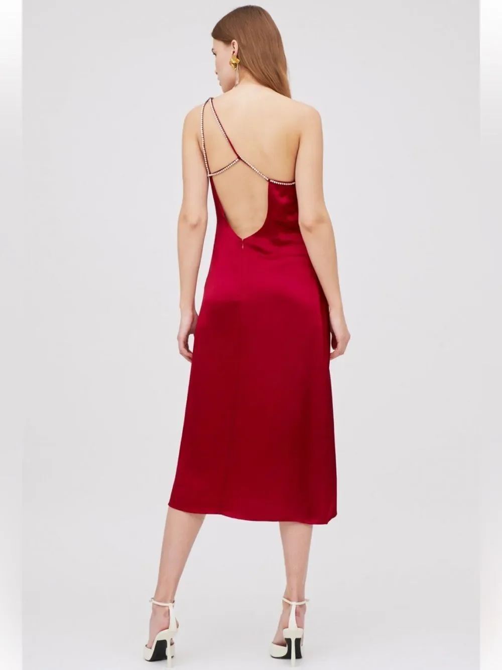 For Love & Lemons Elora Red Rhinestone Strap Slit Midi Dress Sz Small NWT